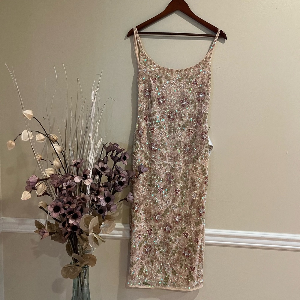 Mac Duggal Pink Floral Sequin Sheath Midi Dress